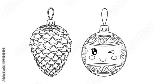 Two christmas ornaments featuring a pinecone design and a round ball with a winking face are shown in line art.