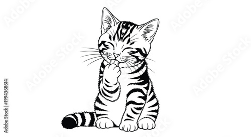Young tabby kitten sits and licks its front paw in this detailed black and white line art illustration for children.