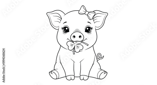 Adorable baby pig coloring page illustration featuring a small piglet with a bow on its head holding a lucky clover.