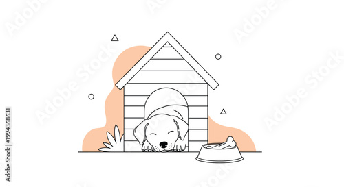 Black and white line art illustration of a cute puppy sleeping inside a wooden doghouse with a bowl of food nearby.