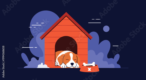 Cute beagle puppy sleeping peacefully inside a red doghouse under a dark blue night sky with stylized foliage.
