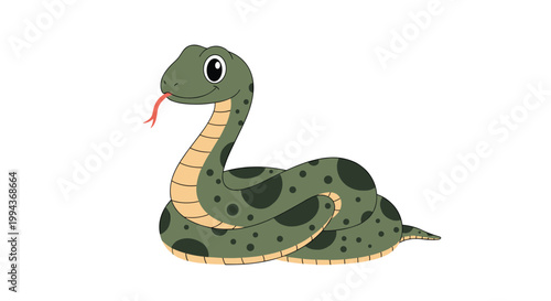 Friendly green snake cartoon illustration featuring dark spots and a flickering red tongue isolated on a white background.