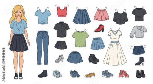 Paper doll kit for kids featuring a young girl character and various trendy clothing items like skirts, tops, and shoes.