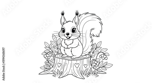 Squirrel coloring page illustration featuring a cute forest animal sitting on a carved tree stump surrounded by berries.