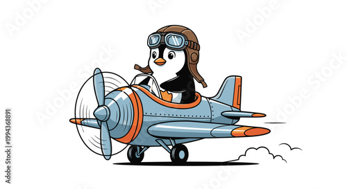 Cute cartoon penguin character wearing a pilot helmet and goggles flying a small blue airplane isolated on a clean white background.