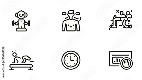 Icons for physical exercise: A collection of simple, black-and-white icons illustrating various aspects of physical exercise. 