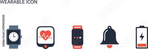 Wearable device icons showcase health tracking and notification features.