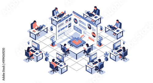 Isometric office, modern workspace, business team, collaboration, 10 people working