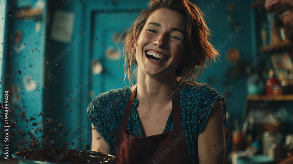 Obraz premium Woman laughing while making chocolate