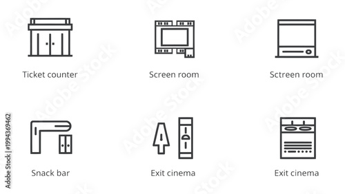 Cinema Icons: A comprehensive set of illustrative icons representing various elements of a cinema, from ticket counters to screen rooms and exit points, ideal for multimedia, UI/UX designs.