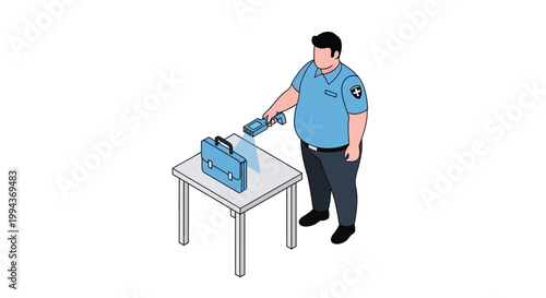 Security Officer Inspecting a Medical Kit with a Scanner on Table.