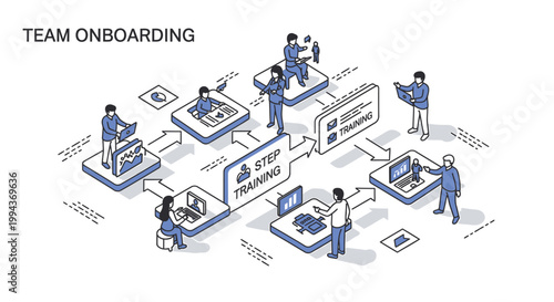 Team onboarding, employee integration, business workflow, office teamwork, flat design icons