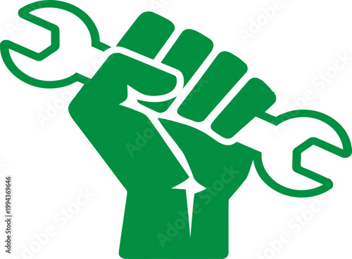 Green fist holding wrench, labor union symbol, industrial icon, eco friendly, activism vector
