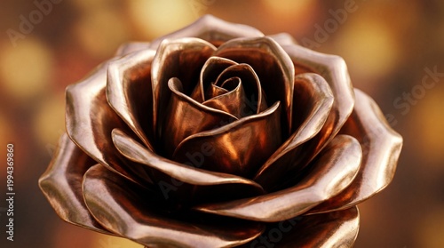 A polished copper rose sculpture with reflective petals, glowing against warm golden bokeh lights.