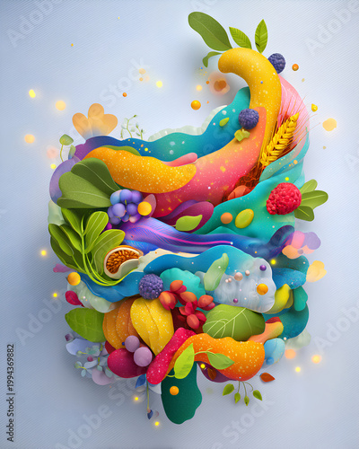 Colorful abstract gut health illustration with fruits vegetables and grains representing healthy digestion microbiome wellness and nutrition concept
