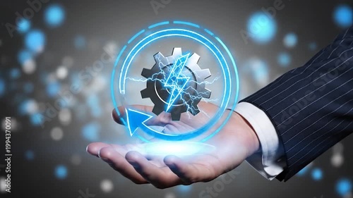 Business professional holding glowing global network technology in dark futuristic setting