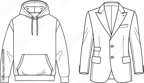 Casual and Formal Clothing Collection Featuring Hoodie and Suit Jacket for Fashion, Apparel, and Clothing Designs.