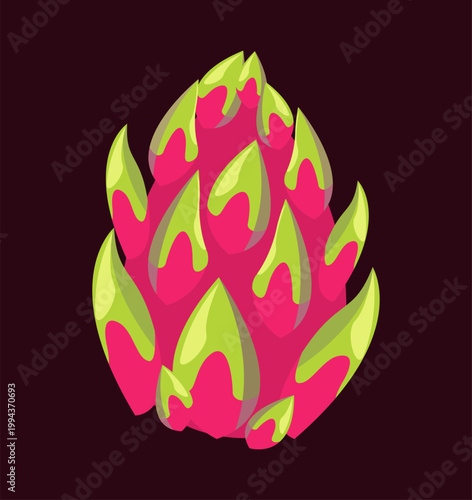 Dragon fruit, thai pink green color on black background simple vector illustration.