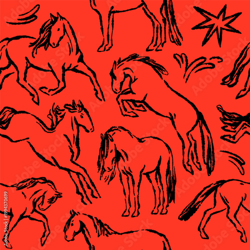 Sketch horses, seamless pattern. Charcoal equine animal on red background, en...