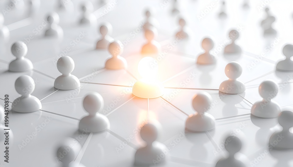 Obraz premium White figures connect in a glowing network. Center figure shines brightly, drawing attention