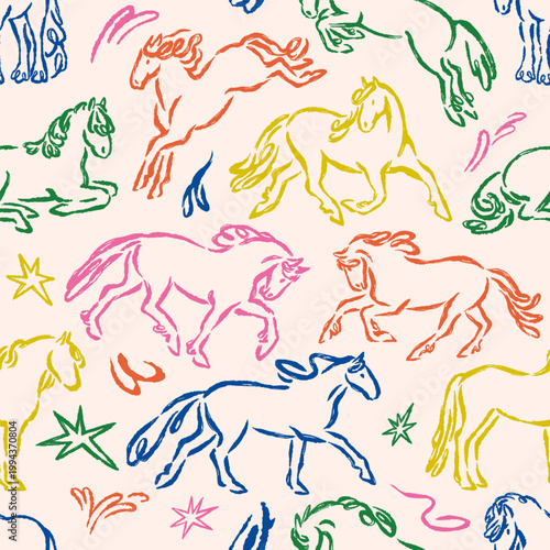 Sketch horses, chalk drawing, seamless pattern. Equine animal, endless backgr...