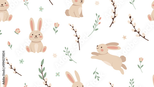 Adorable seamless pattern with cute bunnies, spring flowers, and willow branches on a clean white background.