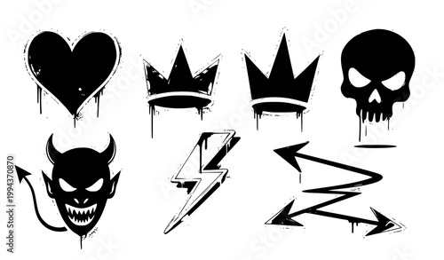 Black graffiti spray symbols vector set street art crown skull heart design
