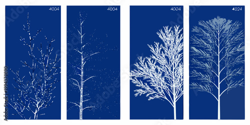 Four vertical panels depicting the progressive growth of a delicate tree