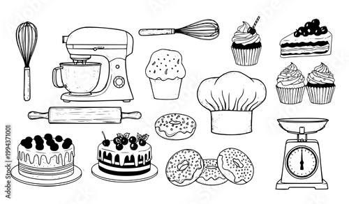 Hand drawn bakery vector set cooking tools desserts sketch illustration