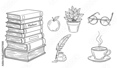 Hand drawn educational sketch vector set books apple plant quill tea