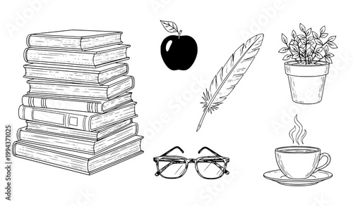 Hand drawn literary vector set books apple plant quill glasses tea