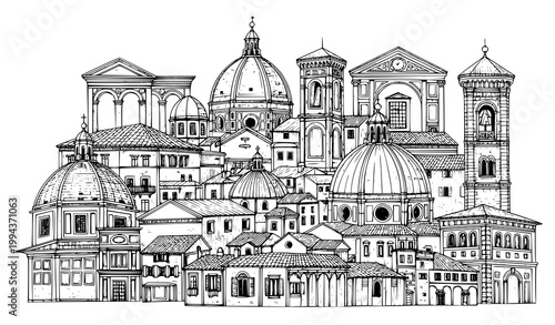 Italian cityscape architecture sketch vector domes buildings black white