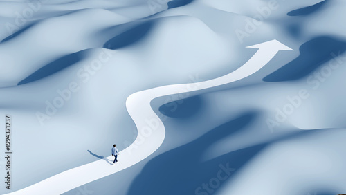 Foto Man walking on a winding path ending in an arrow representing strategic career g