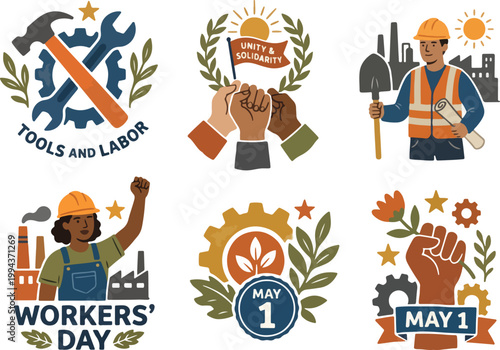 International Workers Day Labor Unions Solidarity and Worker Rights Flat Illustration Set