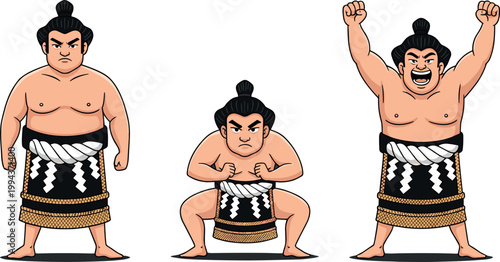Cartoon Sumo Wrestler Character Set in Various Poses for Fun, Sports, and Traditional Japanese Design