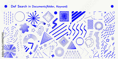 Abstract blue pattern with geometric shapes and scattered design elements