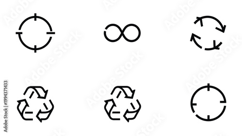 Infinite Recycling:  Collection of looping arrows and infinity symbols illustrate themes of cycle, renewable, and repetition. 
