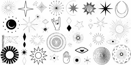 Collection of abstract celestial and mystical line art symbols on white