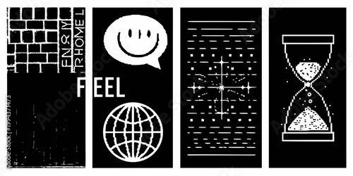 Abstract black and white composition featuring icons and textual elements