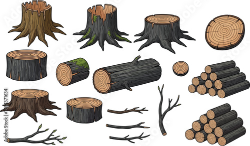 Set of Isometric Vector Tree Stumps Logs and Branches for Forest Environment Design and Game Asset Development