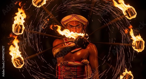 Fire Performer Spinning Flaming Coconut Husks at Esala Perahera Festival in Kandy, Sri Lanka; Intense Expression and Traditional Waistcloth with Sparks