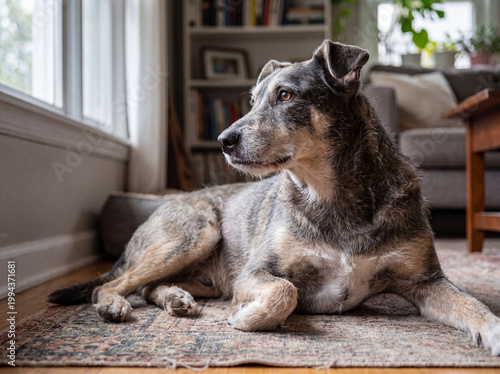 Tableau sur toile Serene senior mixed-breed dog lying comfortably on an ornate rug, gazing peacefully out a sunlit window