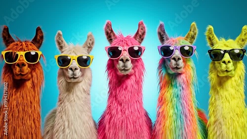Colorful fluffy llamas wearing sunglasses against bright blue sky background