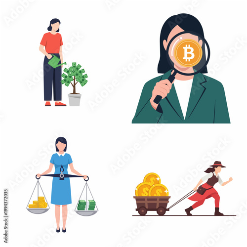 Flat Illustration Female Character Grow Investment and Financial Balance Concept