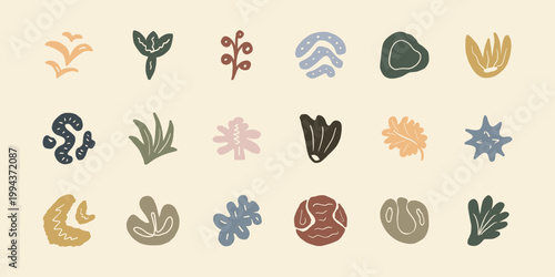 Abstract organic shapes vector set modern botanical icons collection for branding design. Minimal colorful hand drawn elements for logo identity packaging and social media.