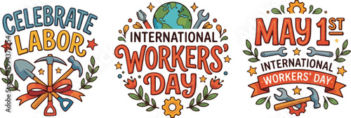 International Workers Day and Labor Day Vector Illustration Set with Tools, Globe, and Floral Ornaments for May 1st Celebration