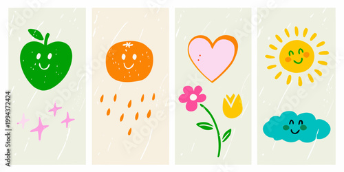 Four colorful panels depict fruits a heart sun and cloud
