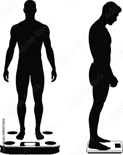Silhouettes of men standing on weighing scales with weight management silhouette measurement