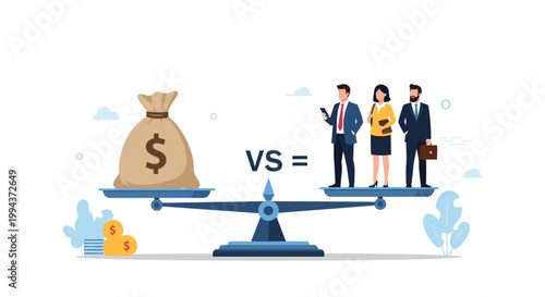 Dollar money bag balanced against three business people on a scale, symbolizing value comparison, labor cost, and economic balance.