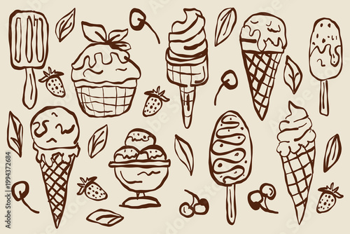Handrawn set of ice creams drawn with vibrant brush in adobe fresco.